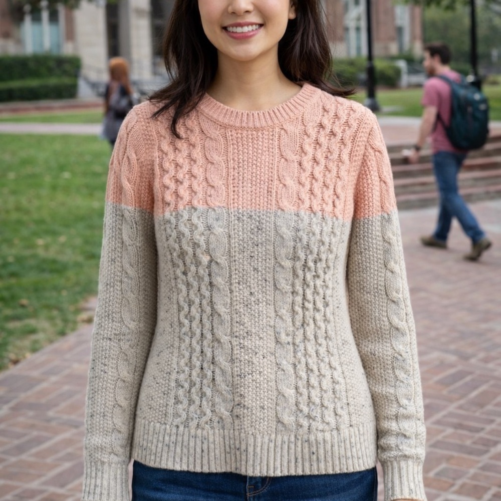 Banana Republic Pink and Gray/Tan Cable Knit Crew Neck Sweater